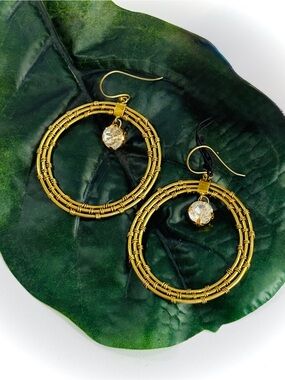 Lena Bernard Designer Artisan Gold Wire statement hoop earrings with Crystal NWT